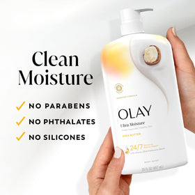Olay bottle staged on shower shelf conveying everyday bathroom use convenience