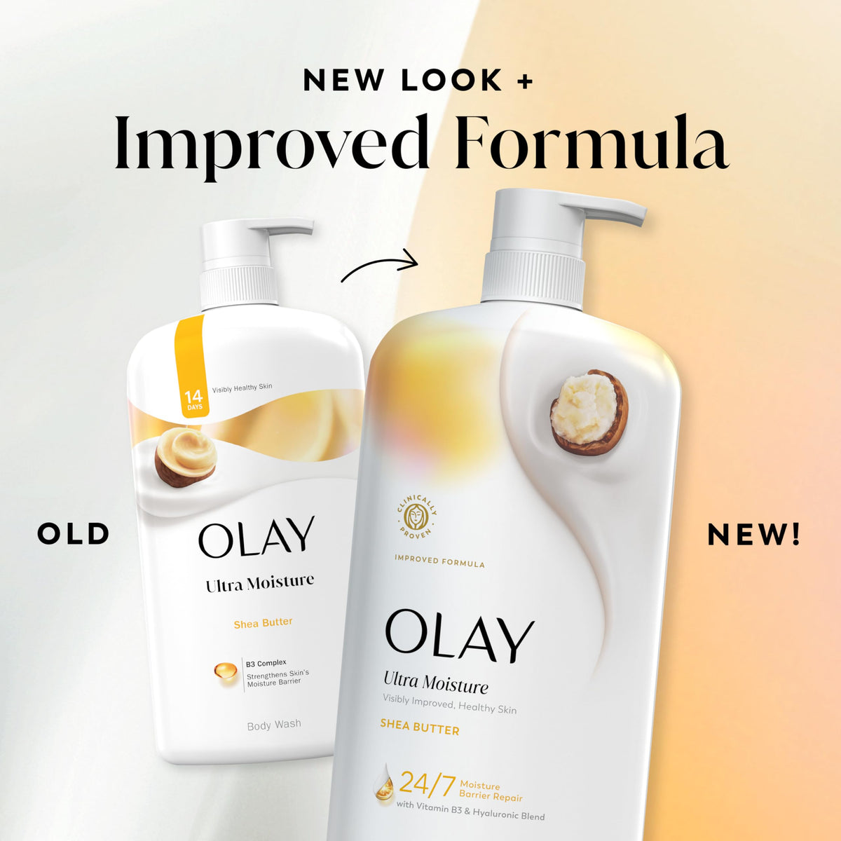 Olay bottle next to a common shampoo for scale showing the large 29 fl oz volume