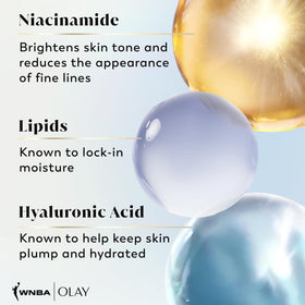 Olay label close up showing key ingredients and benefits for hydration