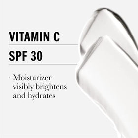 Olay label close-up showing vitamin C, peptides and SPF 30 formulation benefits