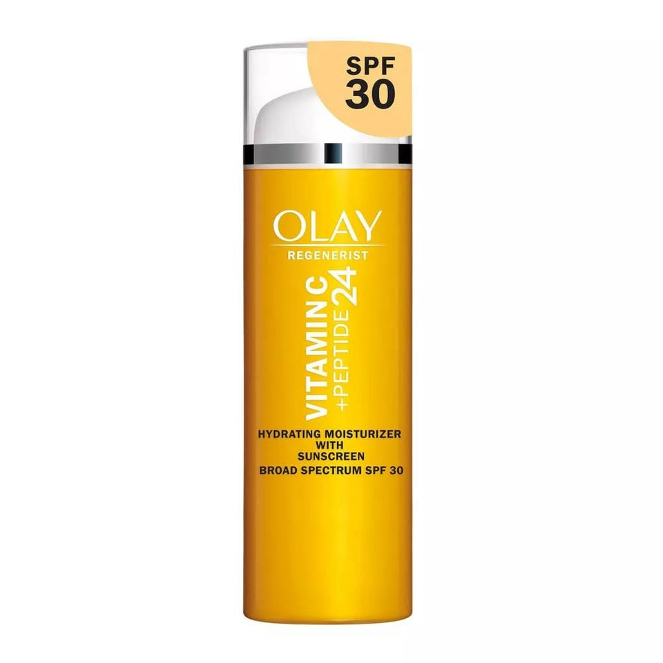 Olay pump bottle front view showing compact travel-friendly design and SPF benefit