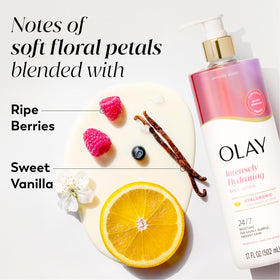 Olay bottle paired with body wash to boost Vitamin B3 effects