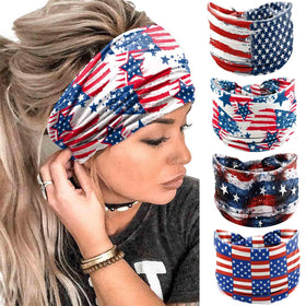 Olbye front pack of four headbands showing patriotic designs and easy styling