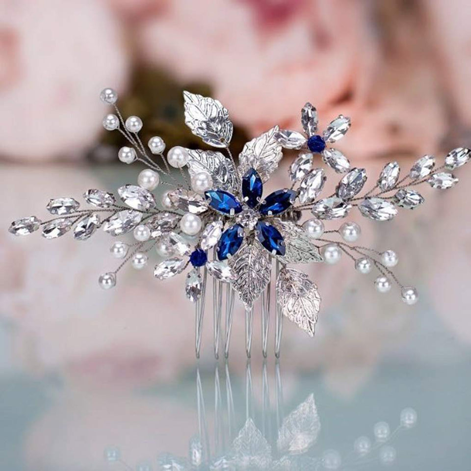Olbye front view blue rhinestone comb showing sparkling accent and elegant finish