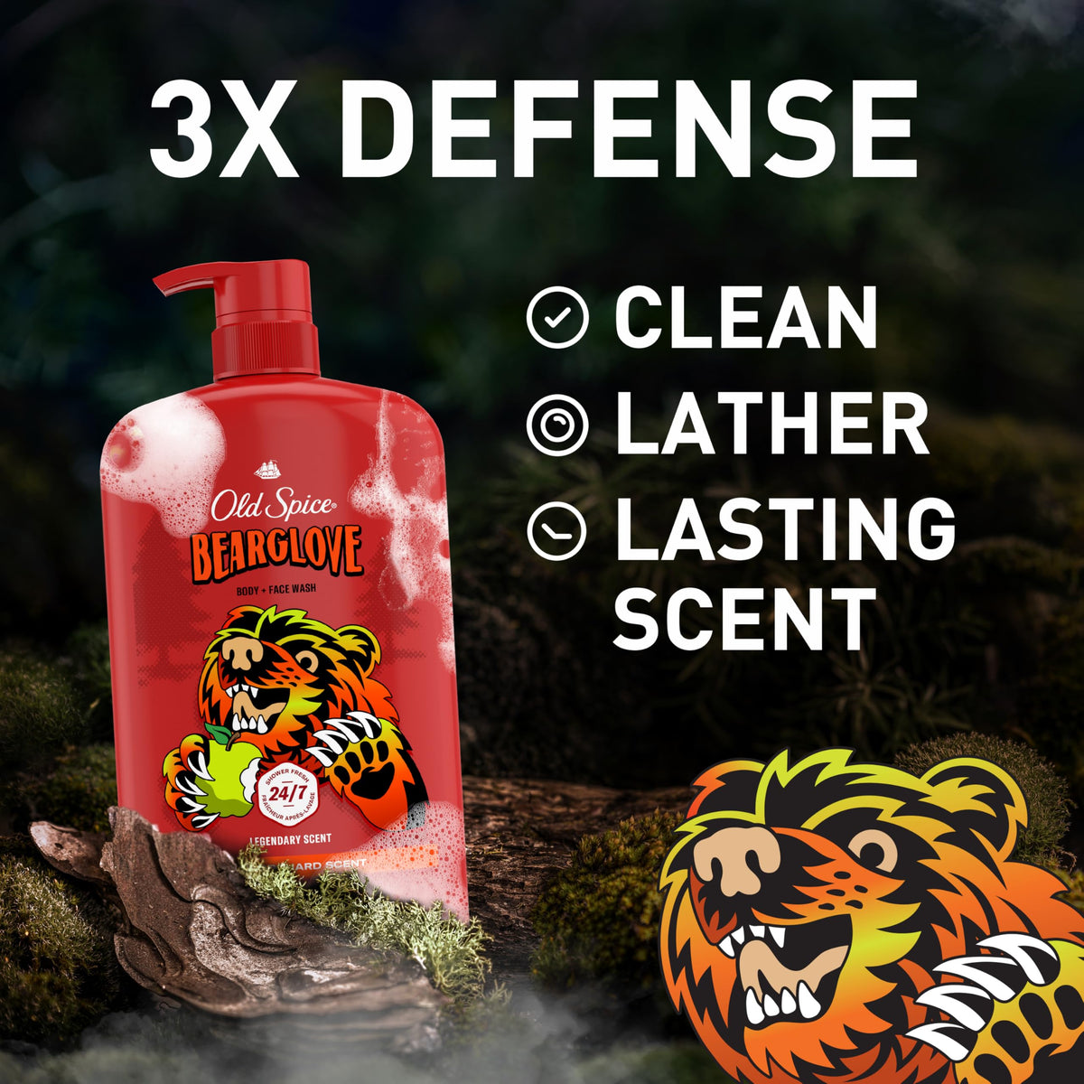 Old Spice Bearglove back label highlighting ingredients and benefits