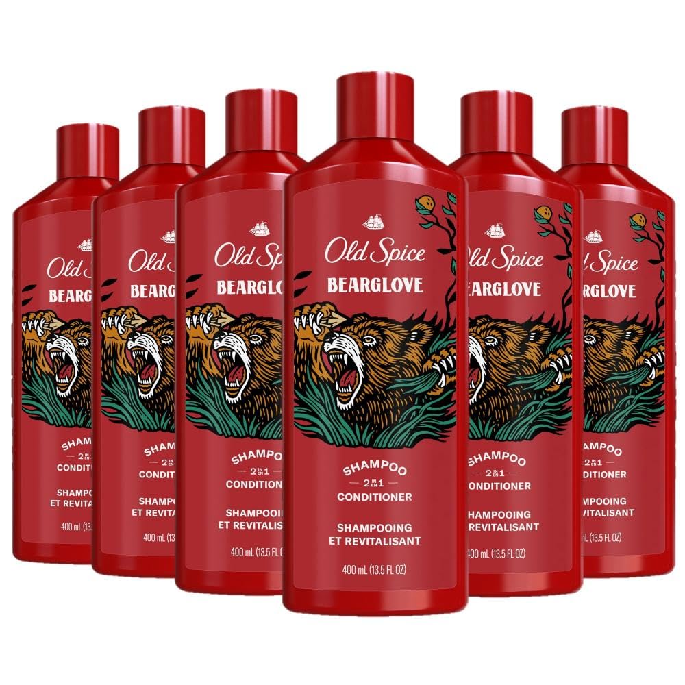 Old Spice bottle front packaging showing Bearglove scent and size benefits