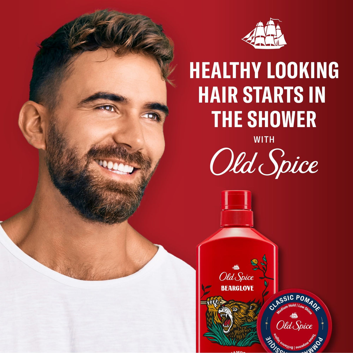 Six Old Spice bottles arranged to show value pack convenience