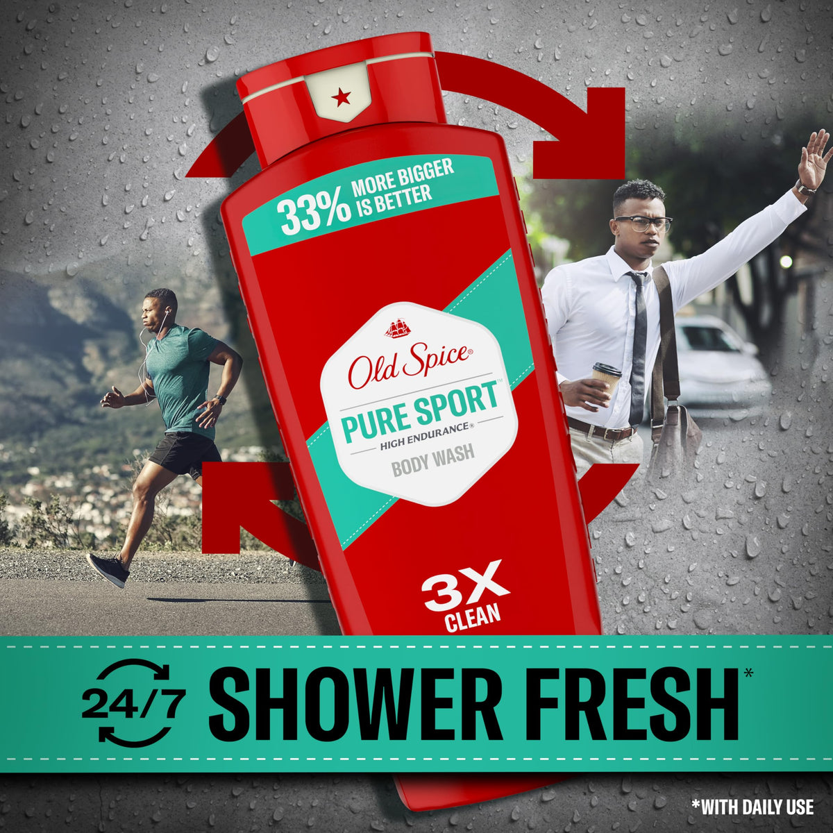 Old Spice gel being dispensed into hand for easy lather and quick cleanse