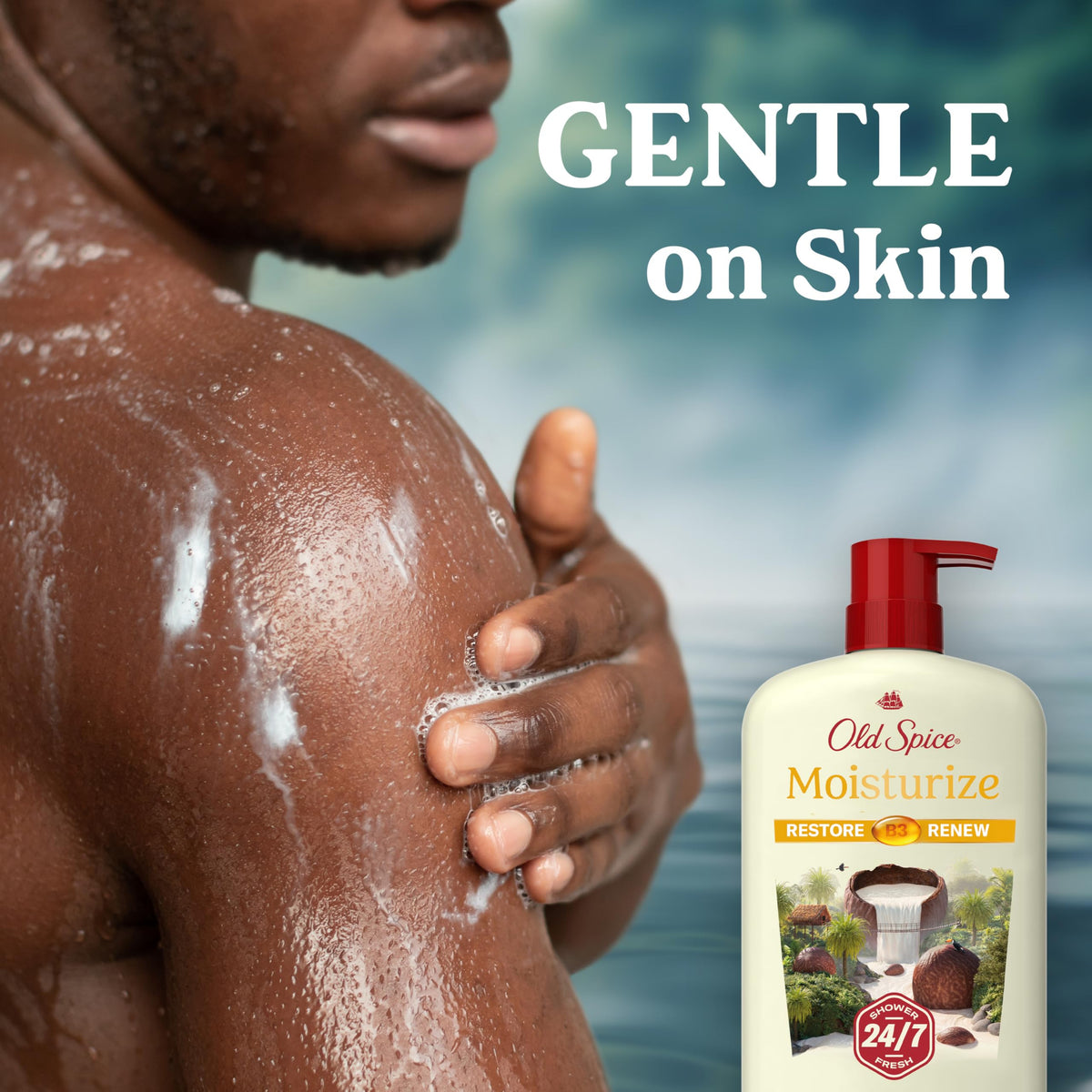 Old Spice bottle placed in shower setting for practical everyday use