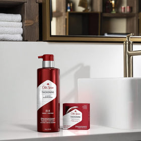 Old Spice bundle in use during shower routine delivering clean, strengthened hair