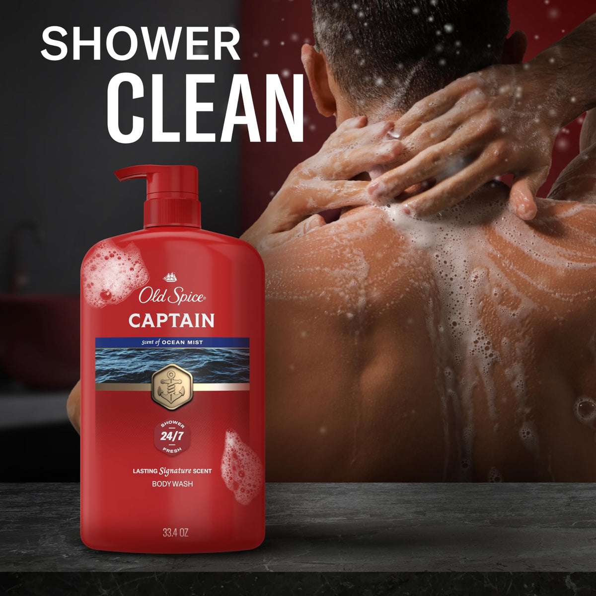 Old Spice Captain 33.4 oz next to common items for scale, offering long-lasting supply benefit
