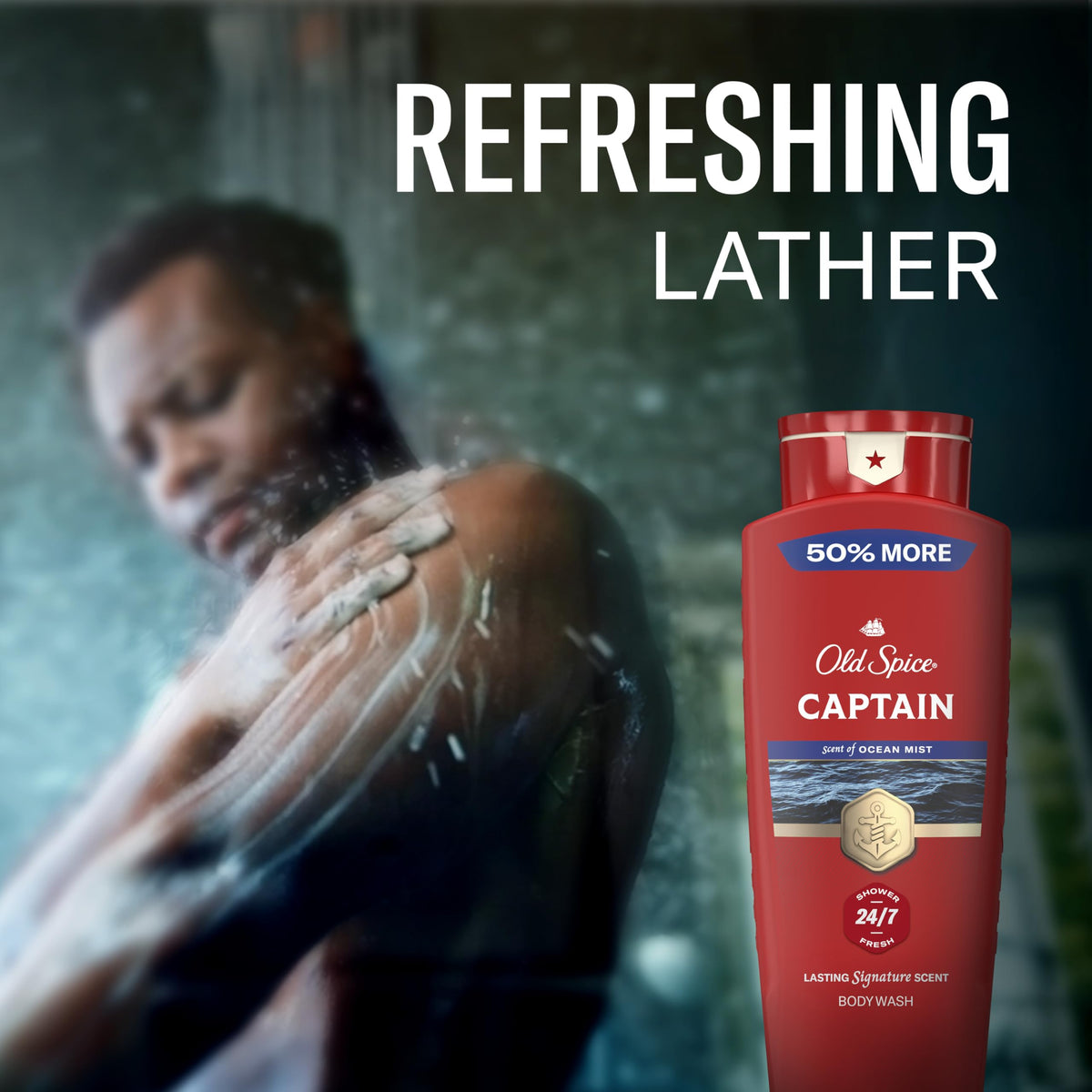 Old Spice Captain on bathroom shelf styled to show grooming routine cohesion