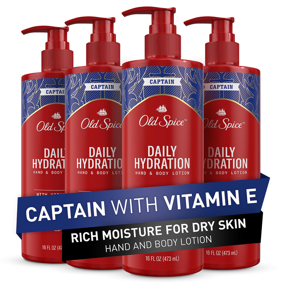 Old Spice bottle front packaging showing Captain scent and hydration benefits