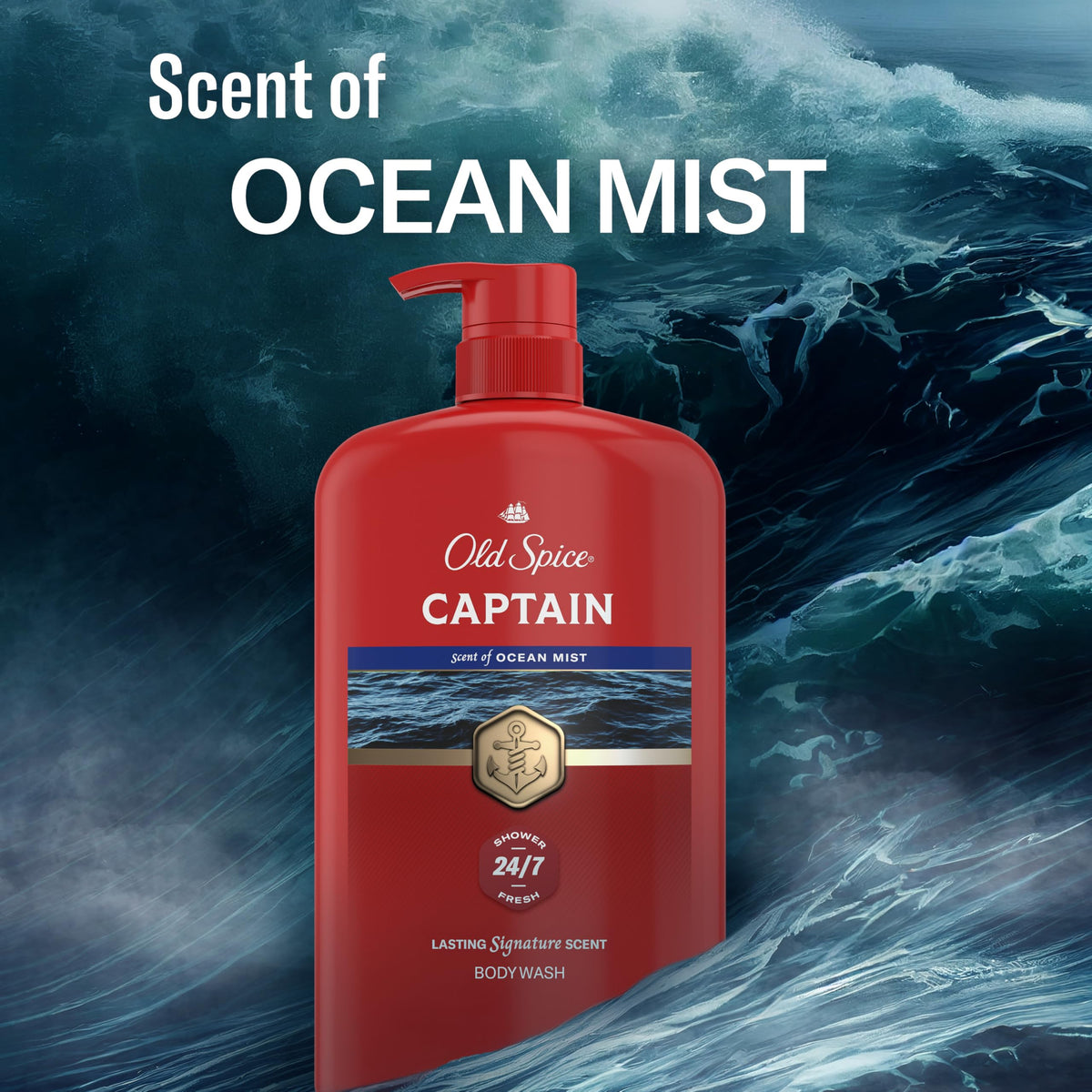 Old Spice Captain on bathroom shelf as lifestyle shot emphasizing grooming routine benefit