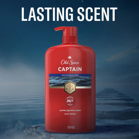 Old Spice Captain in use in shower by man portraying fresh-clean result and confidence benefit