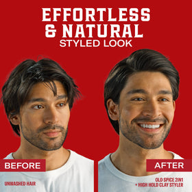 Old Spice clay applied to damp hair demonstrating customizable hold options