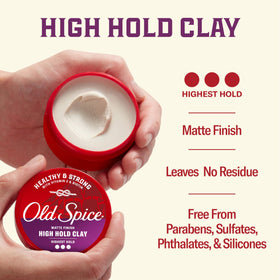 Old Spice clay ingredient display highlighting Vitamin E and biotin for stronger-looking hair