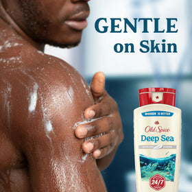 Old Spice Deep Sea bottle in a shower setting highlighting everyday use convenience