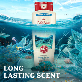 Old Spice Deep Sea bottle held in hand for scale, showing generous 18 oz size