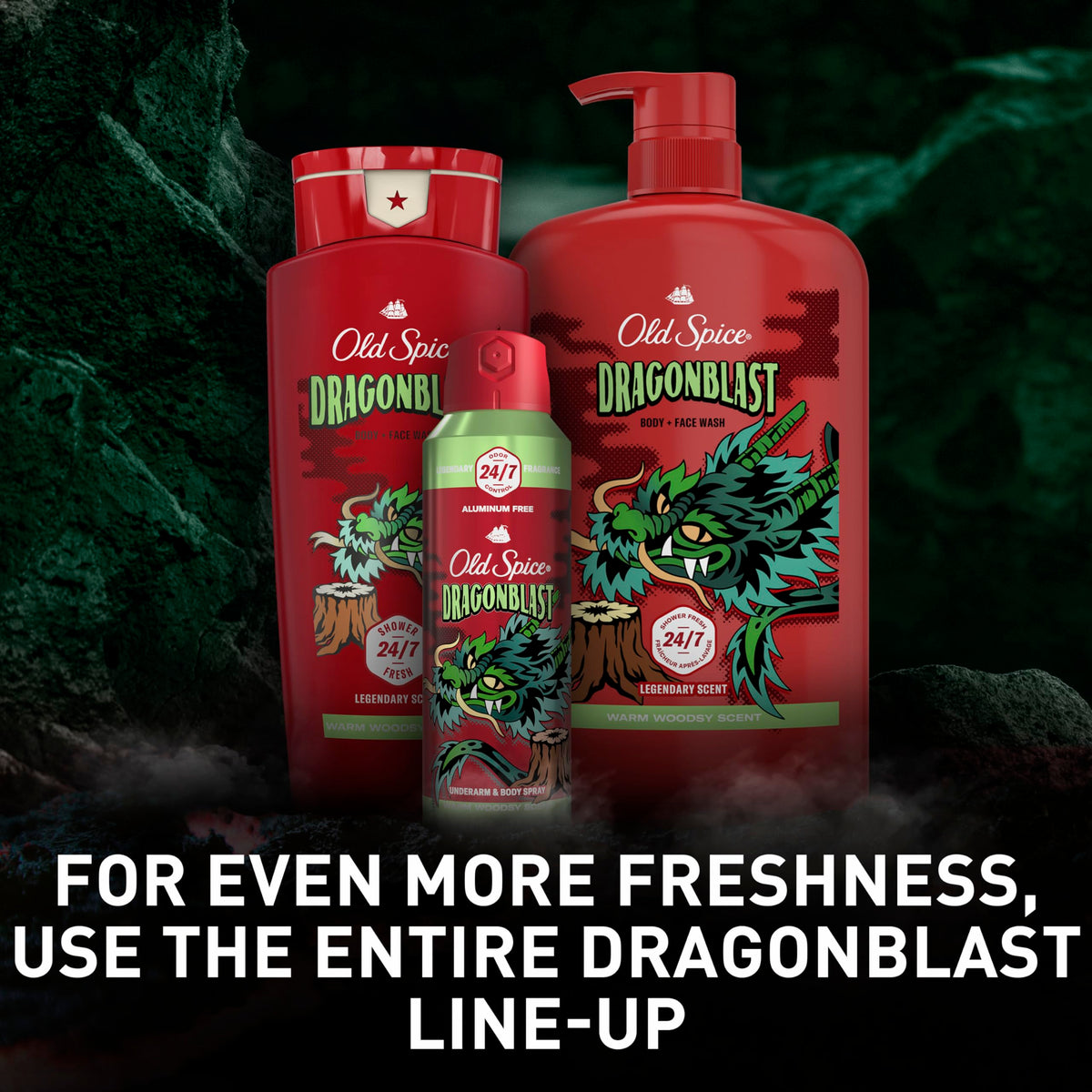 Old Spice Dragonblast four-pack group shot highlighting bulk value and supply