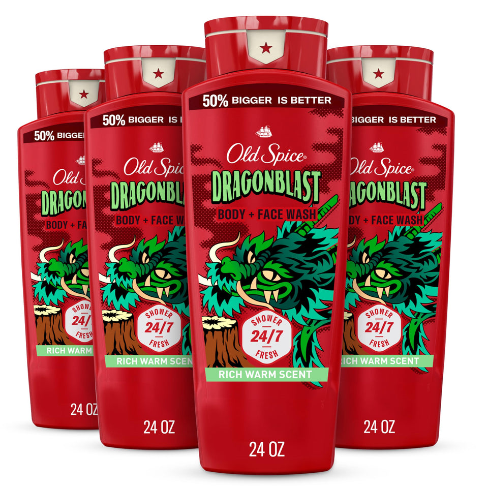 old spice front packaging showing bold dragonblast scent and benefit of lasting freshness