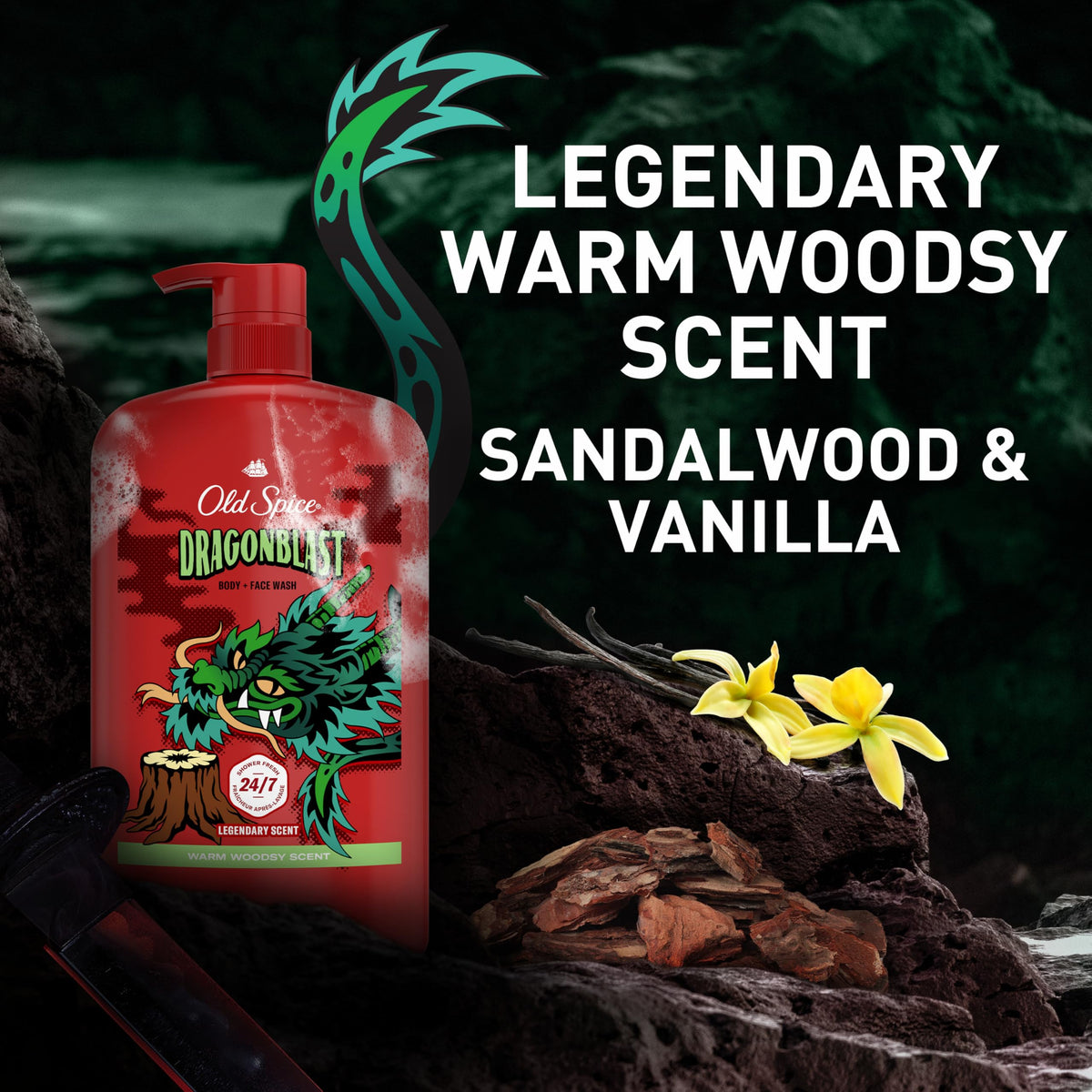 Old Spice Dragonblast bottle inside gym bag implying portable shower freshness