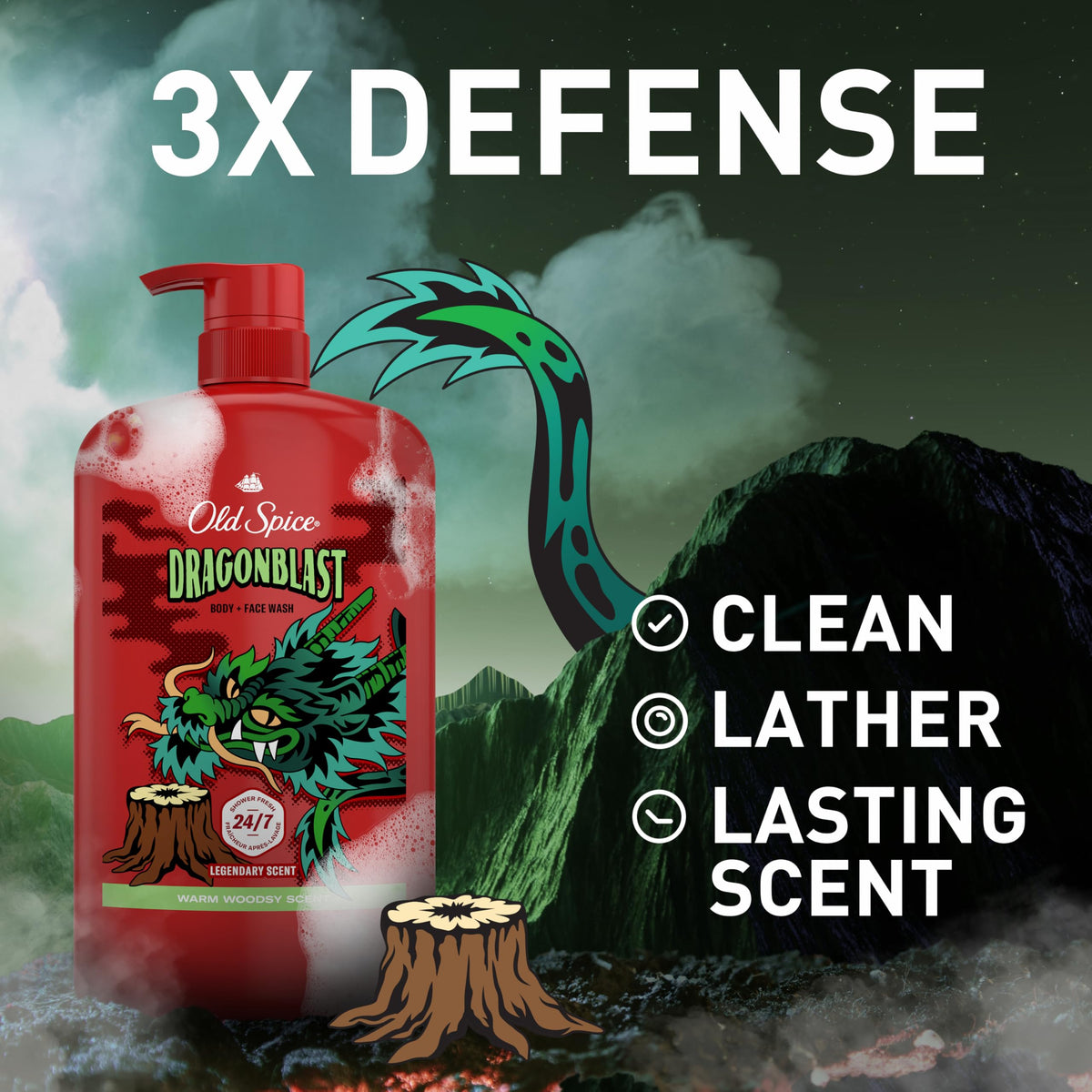 Old Spice Dragonblast pump dispensing rich lather for efficient cleansing