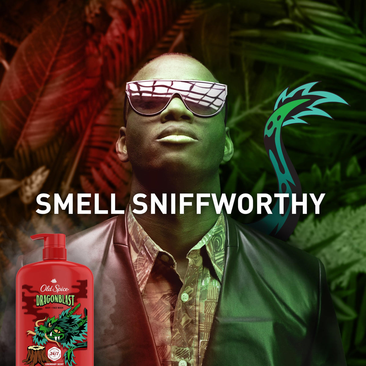 Old Spice Dragonblast bottle on shower shelf suggesting everyday convenience