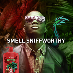 Old Spice Dragonblast bottle on shower shelf suggesting everyday convenience
