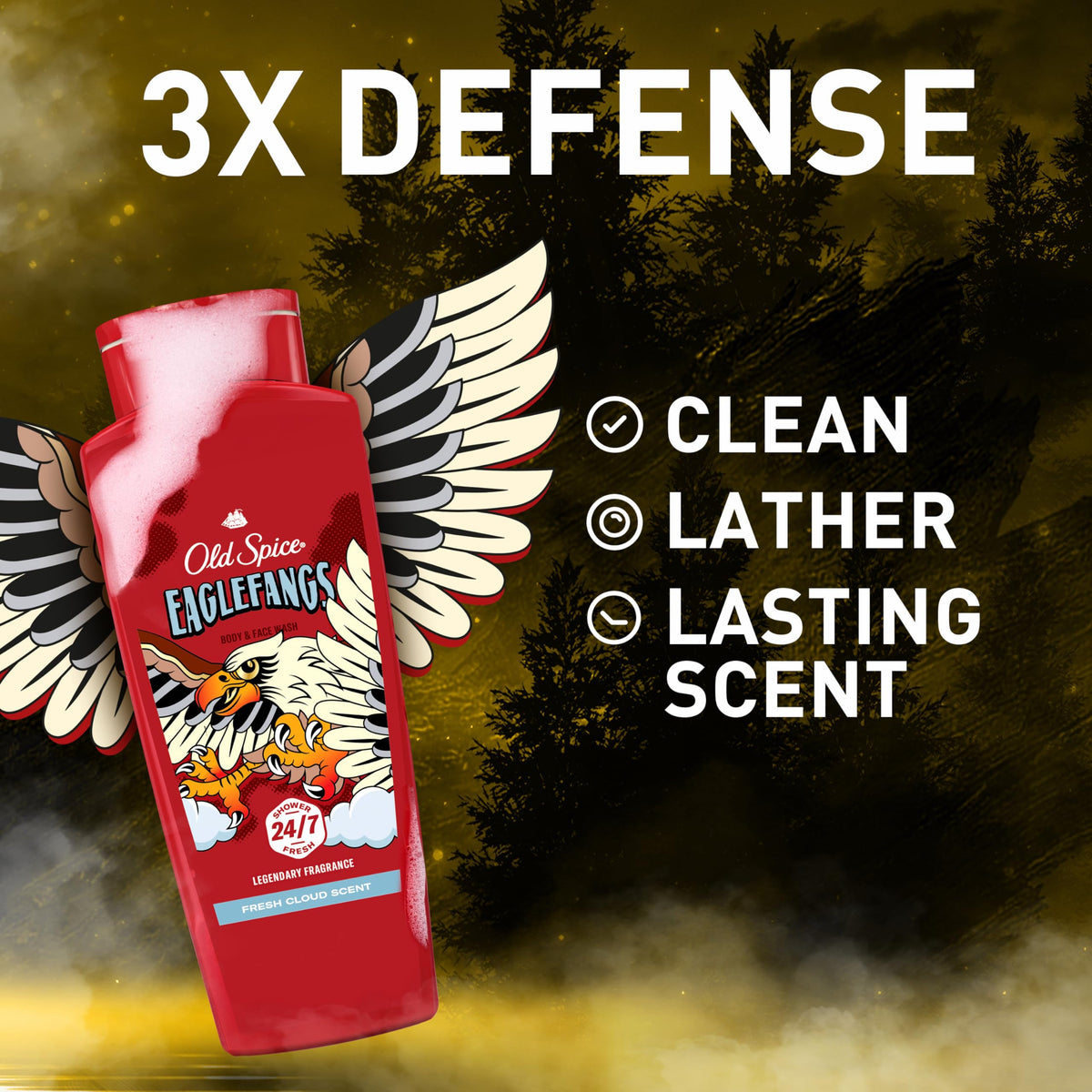 Old Spice Eaglefangs label closeup highlighting Fresh Cloud scent details