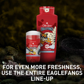 Old Spice Eaglefangs bottle next to hand showing 24 oz size benefit