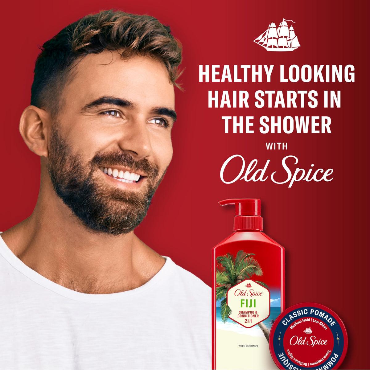Old Spice Fiji on bathroom shelf lifestyle setting showing convenient storage