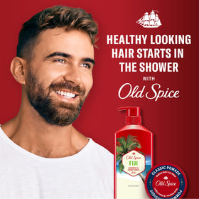 Old Spice Fiji on bathroom shelf lifestyle setting showing convenient storage