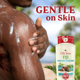 Old Spice Fiji bottle in shower setting showing convenient daily-use placement