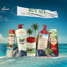 Old Spice Fiji bottle cap and nozzle detailing spill-proof dispensing benefit