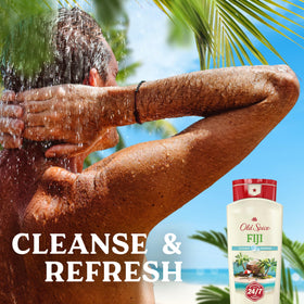 Old Spice Fiji bottle closeup label highlighting scent and vitamin B3 for skin comfort