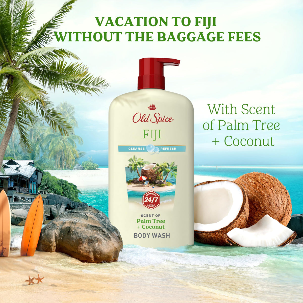 Old Spice Fiji coconut and palm styling evoking tropical aroma benefit