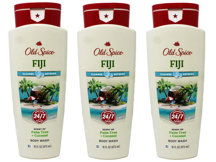 Old Spice Fiji front packaging showing three bottles and tropical branding for easy replenishment