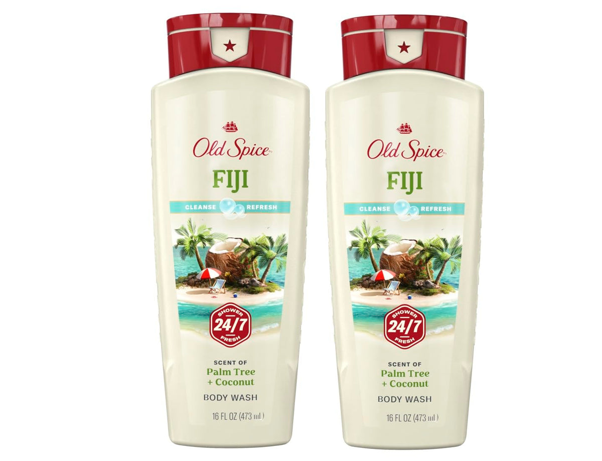Old Spice Fiji front packaging showing two 16 ounce bottles and fragrance label benefits