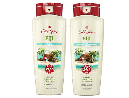 Old Spice Fiji front packaging showing two 16 ounce bottles and fragrance label benefits