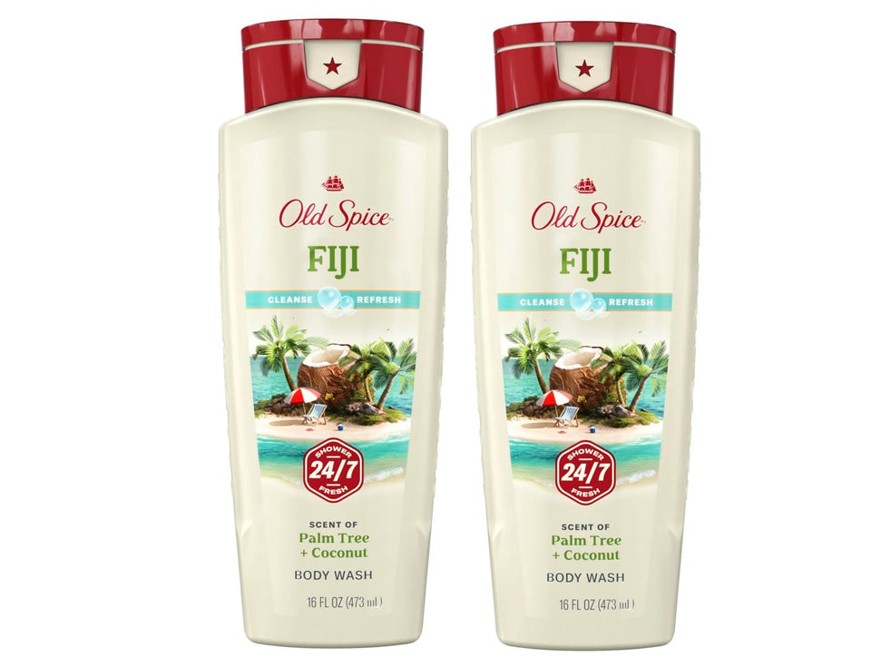 Old Spice Fiji front packaging showing two 16 ounce bottles and fragrance label benefits