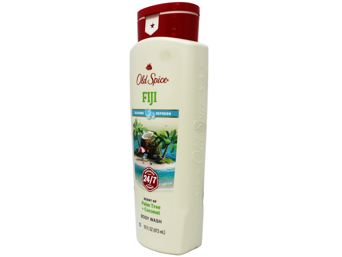 Old Spice Fiji label detail showing brand and scent for quick identification at a glance