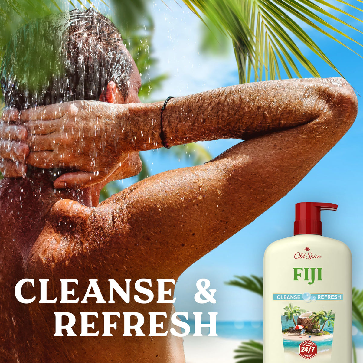 Old Spice Fiji rich lather on loofah showing deep cleansing action
