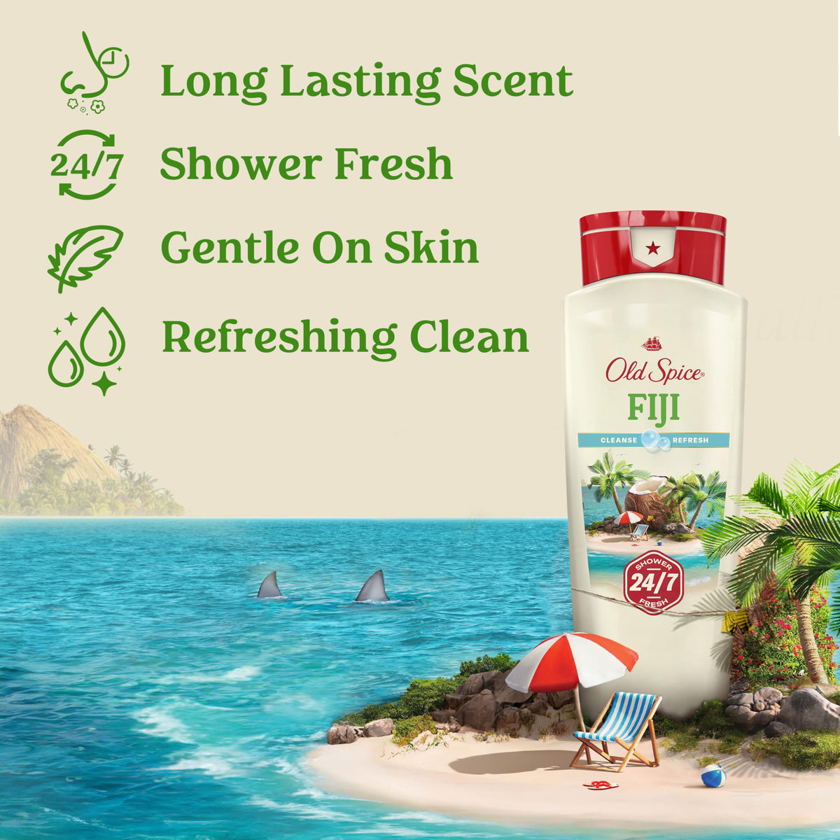 Old Spice Fiji pouring gel and creating rich lather for thorough cleansing benefit