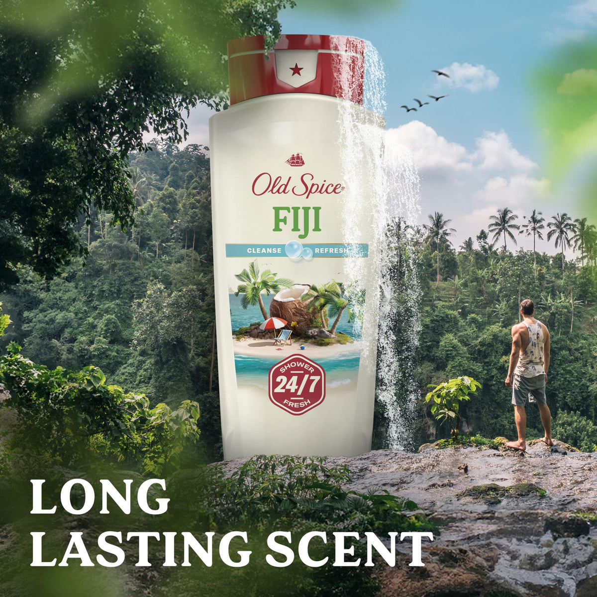 Old Spice Fiji bottle beside a hand showing 18 oz scale for lasting supply