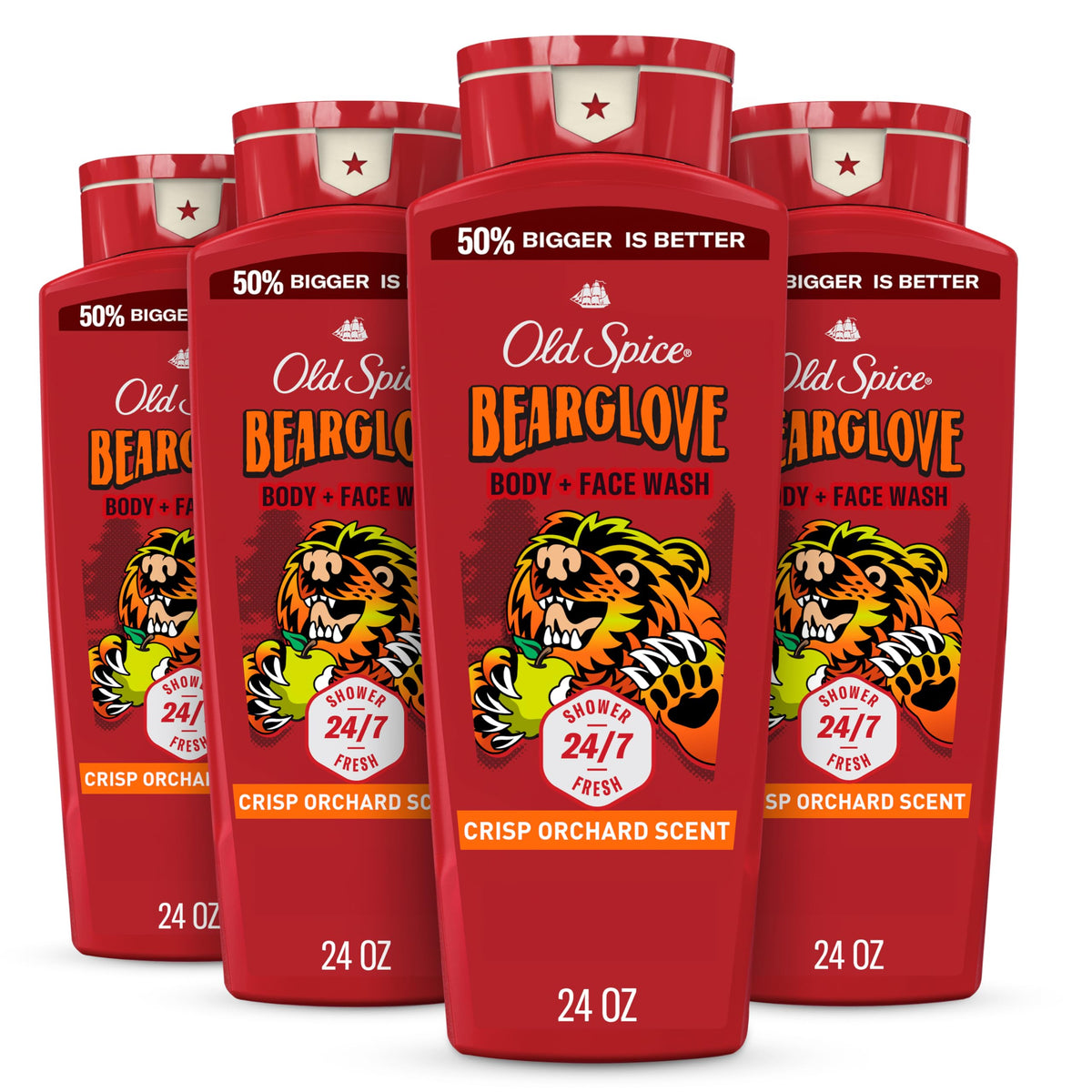 Old Spice front bottle showing Bearglove label and lasting scent benefit