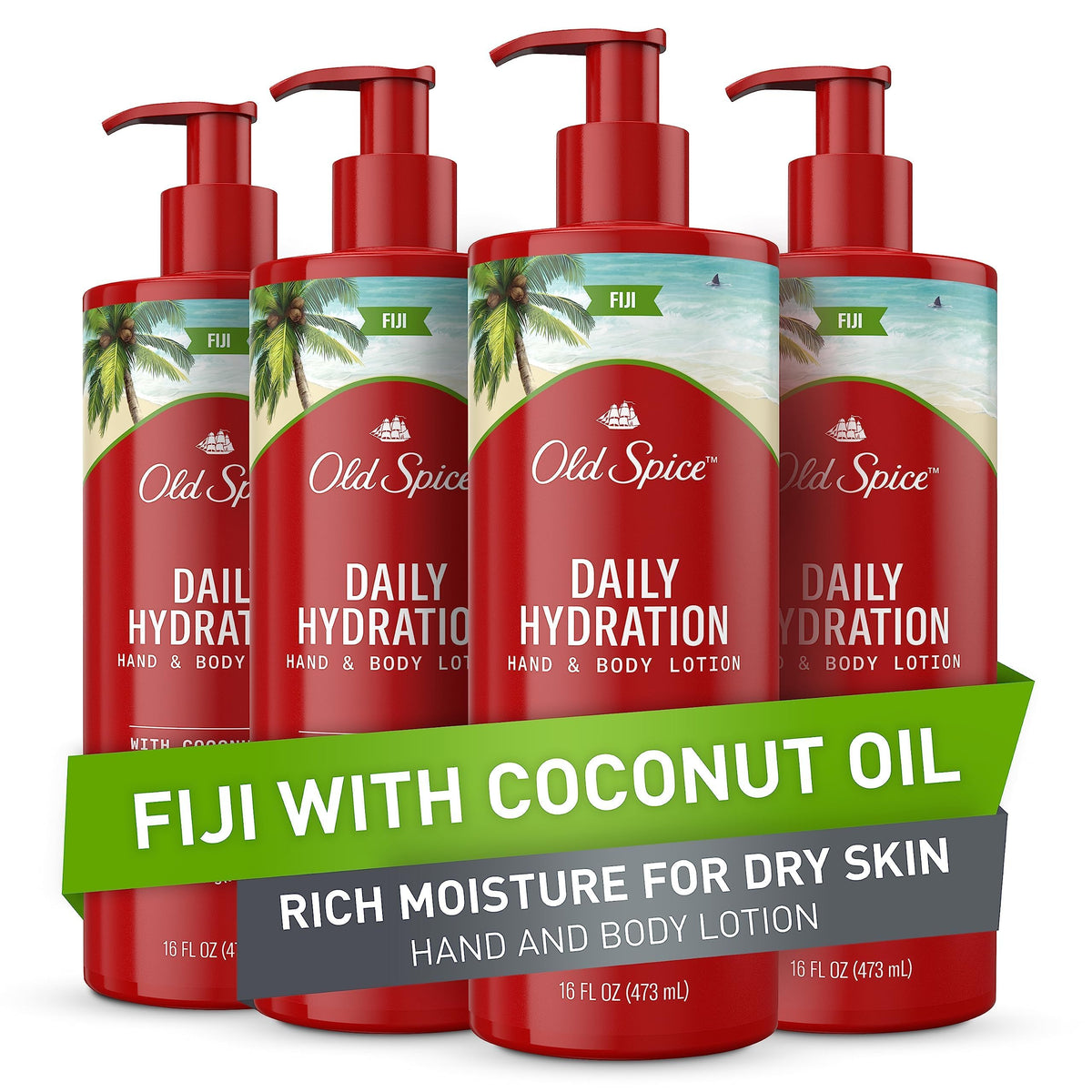 Old Spice bottle front packaging showing Fiji coconut scent and easy pump