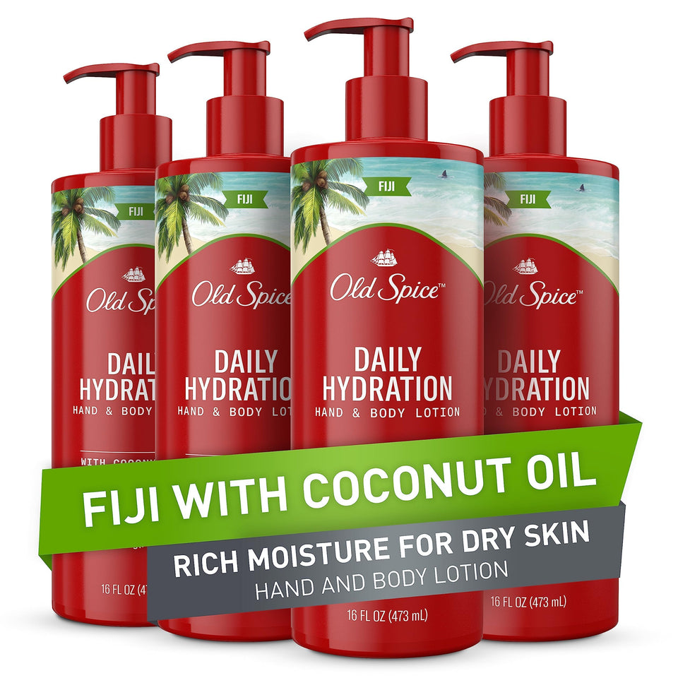 Old Spice bottle front packaging showing Fiji coconut scent and easy pump