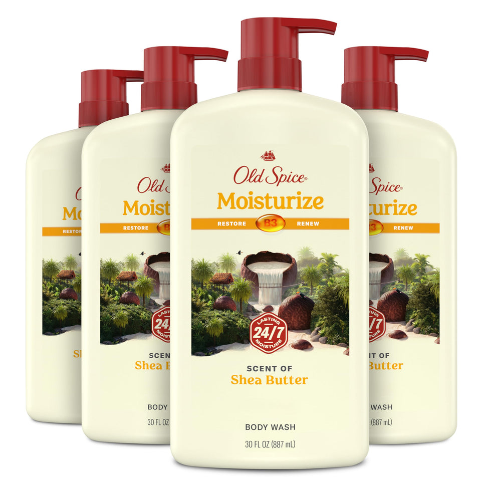 Old Spice front packaging shows scent and moisturizing benefit