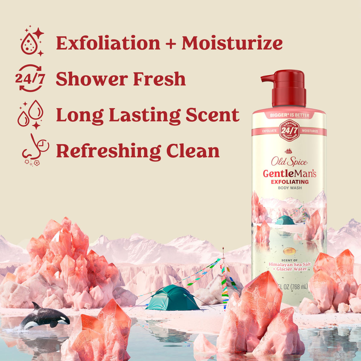 Old Spice GentleMan's pump dispenser close-up for easy shower handling